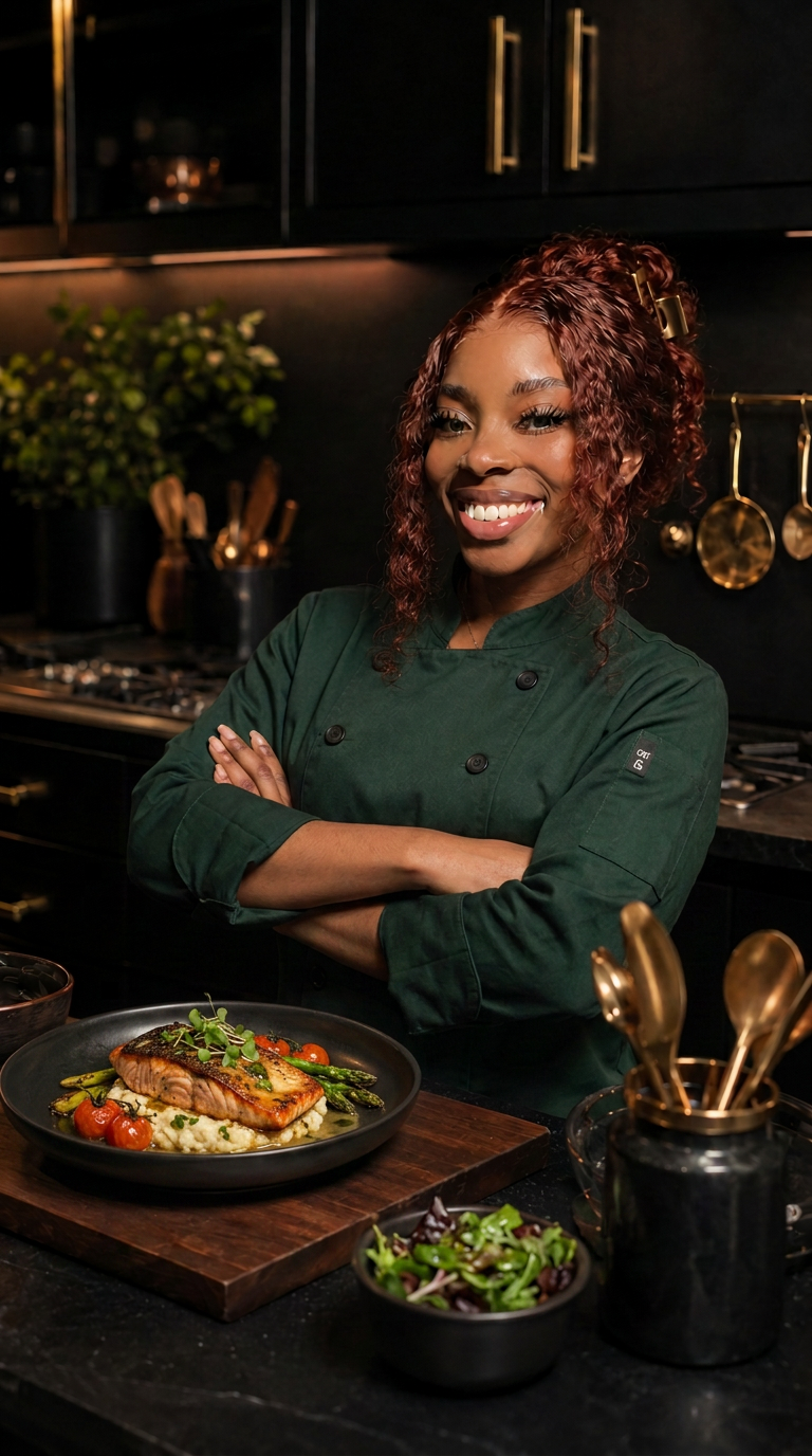 Chef Ramishia plating a dish in her kitchen