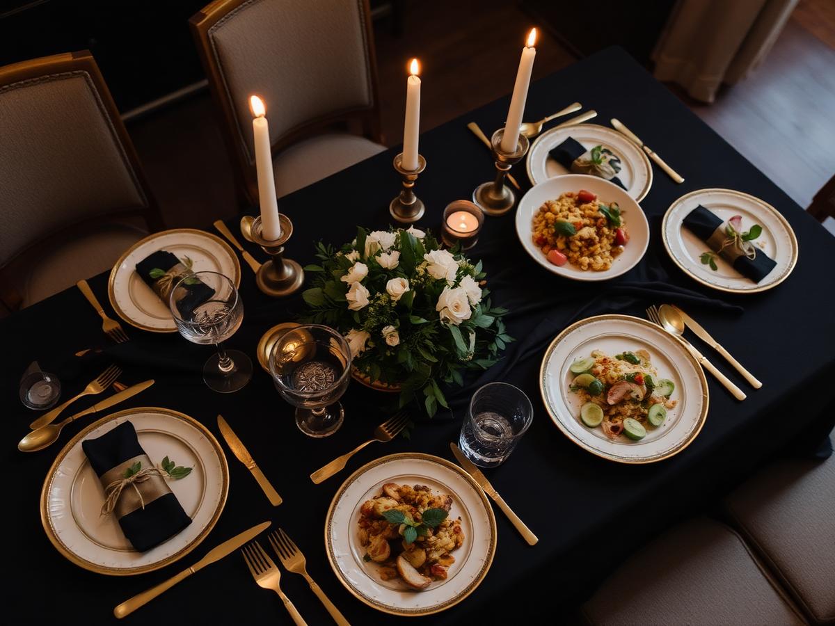 Candlelit wedding table set with gold flatware and curated dishes